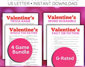 Valentine’s Day Games Bundle – Printable Party Games for Family, Friends & Couples |Trivia, Would You Rather, Word Scramble, Fact or Fiction