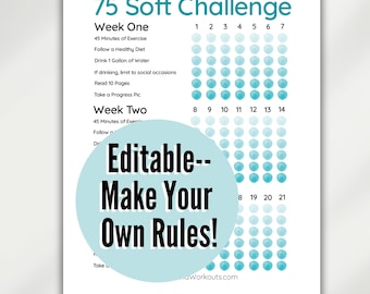 Editable 75 Soft Challenge Habit Tracker Printable for 75 Day Challenge. Fitness Tracker, Fitness Planner, Book Tracker, Water Tracker +