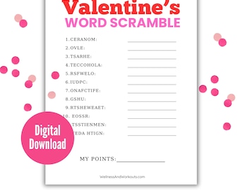 Valentine's Day Word Scramble, Valentine's Day Game, Valentine's Day Party Game, Group Games, Valentine's Day Printable Games, Printable PDF