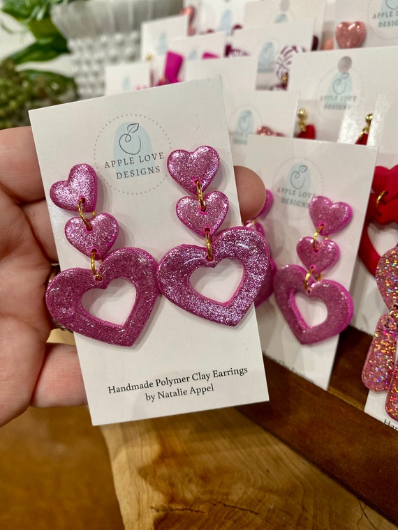 Pink Sparkle Double Heart Dangles