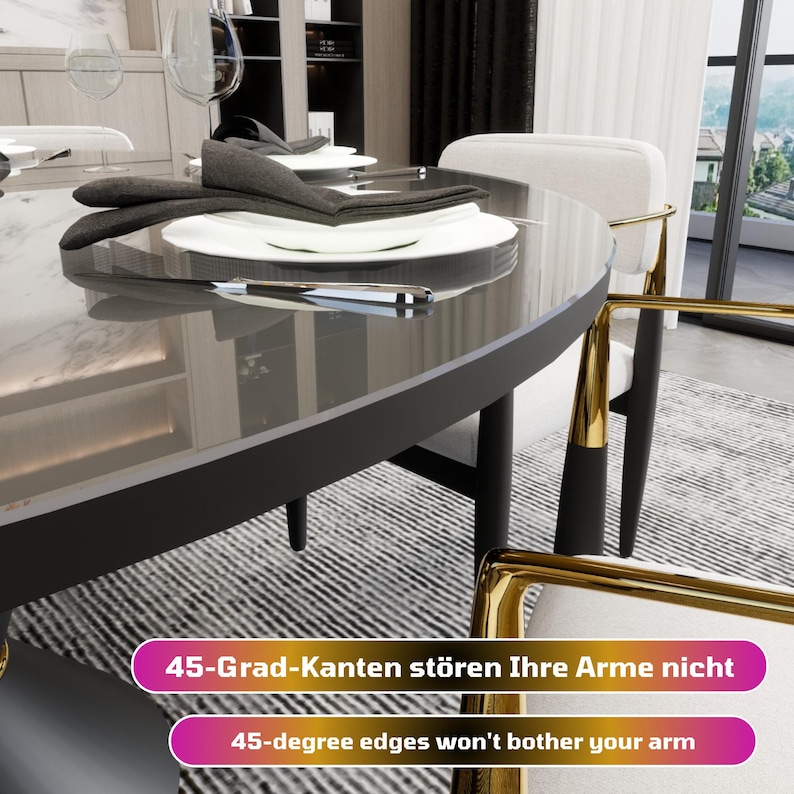 May include: A black and gold dining table with a glass top and rounded edges. The table is set with two place settings, including white plates, black napkins, and silverware. The text "45-Grad-Kanten st&ouml;ren Ihre Arme nicht" and "45-degree edges won't bother your arm" is visible in the image.