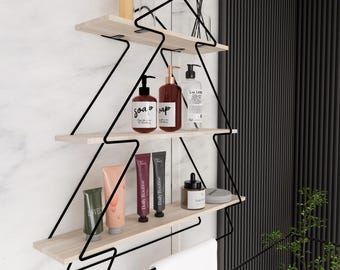 Wall Shelf Wood Metal, Modern Shelf for Wall Mounting, 3 Colors (Gold, Black, Silver), for Living Room, Bedroom, Office, Kitchen, Bathroom