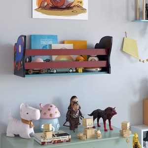 Scaffale da parete in legno per bambini, scaffale in legno per bambini, scaffale portaoggetti in legno, libreria con figure di razzi 59,6 x 22,5 x 25 cm