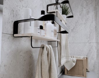 Floating Shelf Wood Metal, Kitchen Wall Shelf, Wall Shelf & Towel Holder, Set of 2 Shelves for Living Room, Bathroom, Kitchen, Shelf Board