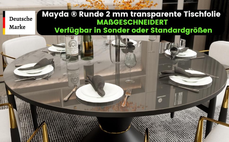 May include: A round black table with a glass top and gold legs. The table is set with white plates, black napkins, and silverware. The table is surrounded by chairs with gold legs. The text on the table reads "Mayda &reg; Runde 2 mm transparente Tischfolie MABGESCHNEIDERT Verf&uuml;gbar in Sonder oder Standardgr&ouml;&szlig;en".