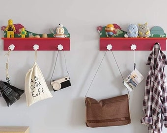 Natural Wood Wall Hanger and Hook, Wood Floating Wall Shelf Unit, Stylish Wooden Coat Rack with Hooks and Shelf