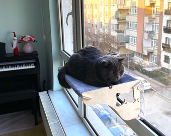 Upgrade Your Cat's Nap Game with our 100% Natural Wood Cat Window Perch! Easy No-Tools Installation for a Cozy Cat Hammock Shelf Experience