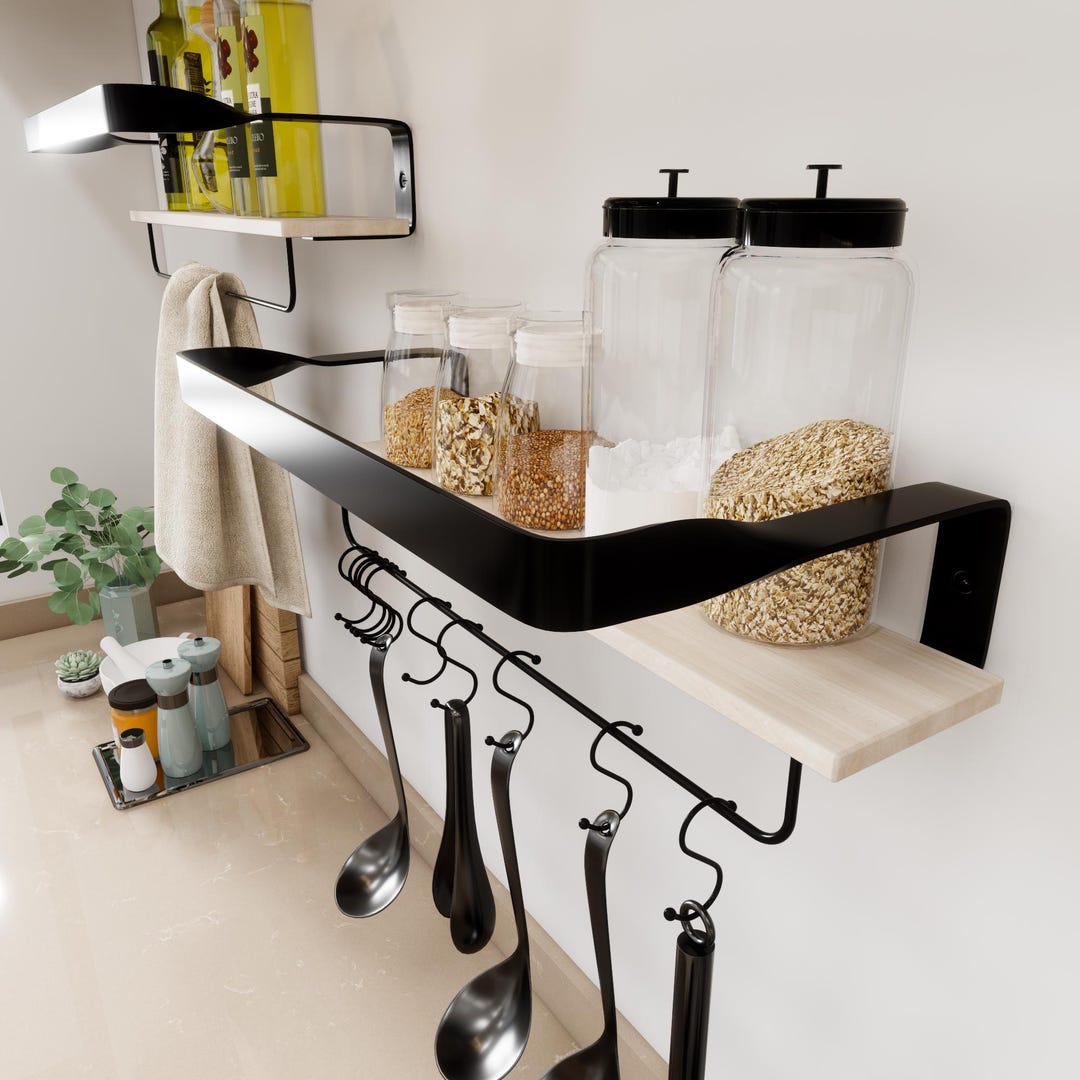 Wandregal Küche 100 % Echtholz und Metall, Badezimmer Regal mit Handtuchhalter, Ideal für Schlafzimmer Wohnzimmer, 2er Set Wanddekoration