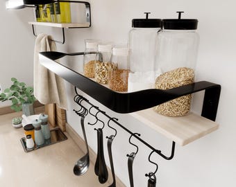 Mayda ® 100% Natural Wood and Metal Mix Kitchen Wall Shelf, Chemical-free Bathroom Shelf with Towel Holder, Set of 2 Wall Decoration