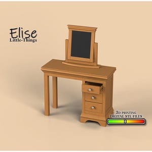 May include: A wooden vanity with a mirror and three drawers. The vanity is light brown and has a simple design. The mirror is attached to the vanity and has a black frame. The vanity is labelled "Elise Little-Things" and "3D Printing Digital STL Files".