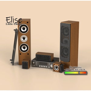 May include: A set of wooden speakers with a black grill and a black and silver receiver. The speakers are labeled "Elise Little-Things" and "3D Printing Digital STL Files".