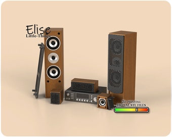 May include: A set of wooden speakers with a black grill and a black and silver receiver. The speakers are labeled "Elise Little-Things" and "3D Printing Digital STL Files".