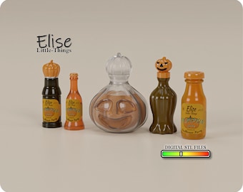 May include: Set of five miniature pumpkin-shaped bottles with orange and brown labels. The bottles are labelled "Elise Little-Things Pumpkin Spice" and "Elise Little-Things Pumpkin Puree". The bottles are arranged on a light brown surface. DIGITAL STL FILES