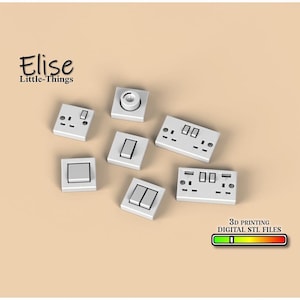 Könnte beinhalten: Ein Satz von sieben weißen Kunststoff-Steckdosen- und Lichtschalterabdeckungen. Die Abdeckungen sind für den 3D-Druck konzipiert und als digitale STL-Dateien erhältlich. Der Text "3D PRINTING DIGITAL STL FILES" ist unter den Abdeckungen gedruckt.