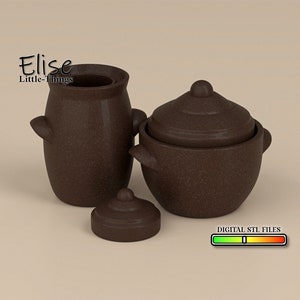 May include: Three brown ceramic pots with lids. The pots are unglazed and have a rough texture. The lids are slightly domed and have a small knob on top. The pots are arranged in a row on a light brown background. DIGITAL STL FILES