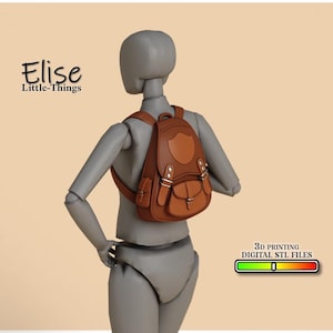 May include: A brown leather-look backpack with a shield design on the front, worn by a mannequin. The backpack has two front pockets and adjustable straps. The text "Elise Little-Things" is visible.