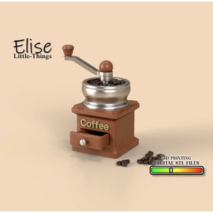 May include: A brown wooden coffee grinder with a silver top and a drawer labelled "Coffee". The grinder has a crank handle and is surrounded by coffee beans. The text "Elise Little-Things" is visible in the top left corner of the image. The text "3D PRINTING DIGITAL STL FILES" is visible in the bottom right corner of the image.