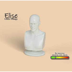 Könnte beinhalten: Weißer, kahler Büstenkopf einer menschlichen Kopf- und Schulterpartie auf einem runden Sockel. Die Büste ist glatt und ohne besondere Merkmale, mit neutralem Ausdruck. Der Text "Elise Little-Things" und "3D PRINTING DIGITAL STL FILES" ist enthalten.