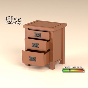 May include: A three-drawer nightstand with a brown wood finish and black metal drawer pulls. The bottom drawer is open. The nightstand is labeled "Elise Little-Things".