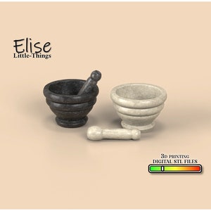 May include: Two miniature mortar and pestle sets, one black and one white, with a separate pestle. 3D printing digital STL files.
