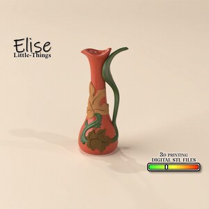 May include: A red ceramic vase with a green vine and leaf design. The vase has a wide mouth and a narrow neck. It is a 3D printable model.