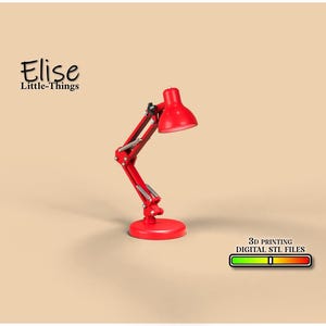May include: Red desk lamp with a flexible arm and a round base. The lamp is on a beige background. 3D Printing Digital STL Files.
