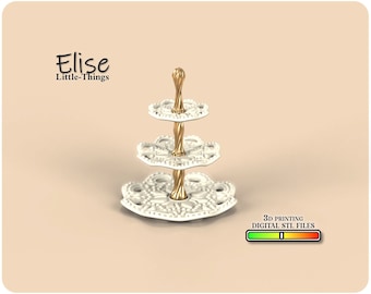 May include: White three-tiered cake stand with a gold twisted metal stand. The stand has a decorative, lacy design.  3D Printing Digital STL Files.