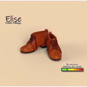 May include: A pair of miniature brown leather boots with laces. The boots are displayed on a light tan background. The text "Elise Little-Things" is in the upper left corner. The text "3D PRINTING DIGITAL STL FILES" is in the lower right corner.