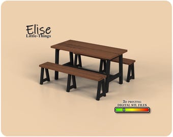 1:12 Scale Dollhouse Wooden Bench and Table Set STL Files
