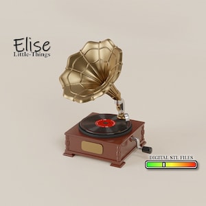 May include: A vintage-style gramophone with a gold-colored horn and a black record player. The gramophone is on a wooden base with a brown finish. The text "Elise Little-Things" is visible on the image. The image also includes a progress bar labeled "DIGITAL STL FILES".