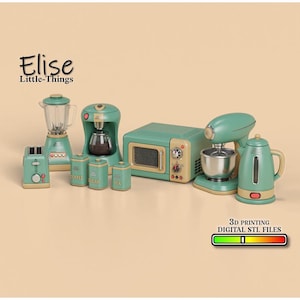 May include: A set of miniature kitchen appliances in sage green and cream, including a toaster, blender, coffee maker, microwave, stand mixer, kettle, and three canisters labelled Coffee, Sugar, and Tea. Text reads Elise Little-Things and 3D PRINTING DIGITAL STL FILES.