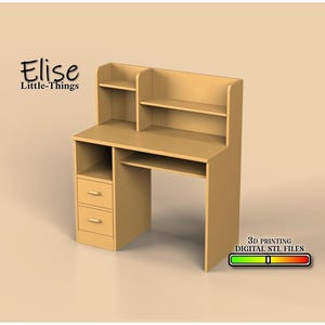 May include: A light wood desk with two drawers and a hutch with two shelves. The desk is labeled "Elise Little-Things".