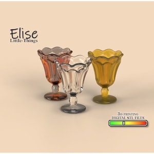 May include: Three glass dessert cups in different colors: amber, clear, and yellow. The cups have a fluted design and a stemmed base. The text "Elise Little-Things" is visible at the top of the image. 3D printing digital STL files.