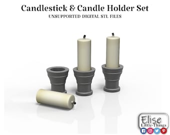 May include: A grey candlestick and candle holder set with two lit candles and an additional unlit candle. The set includes two candle holders with candles, one empty candle holder, and one unlit candle. The text "Candlestick & Candle Holder Set" is at the top.