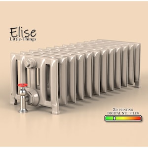 May include: A white cast iron radiator with a red valve and a silver pipe. The radiator is 3D printable and the digital STL files are available for download. The text "3D PRINTING DIGITAL STL FILES" is displayed below the radiator.