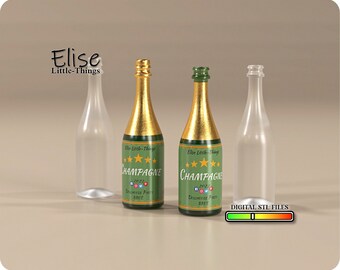 1:12 scale Realistic Miniature Champagne Bottles for Your Dollhouse Kitchen, Printable STL Files of glassware for kitchen, bar