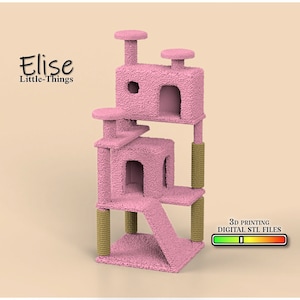 May include: Pink cat tree with multiple levels, a ramp, and scratching posts. The cat tree is designed for 3D printing and comes with digital STL files.