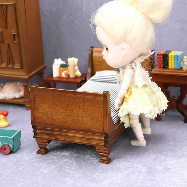 AirAds Dollhouse 1/12 scale dollhouse Miniatures Furniture Wood Single Bed Sofa Kids Bedroom Furnitures; 3 color options