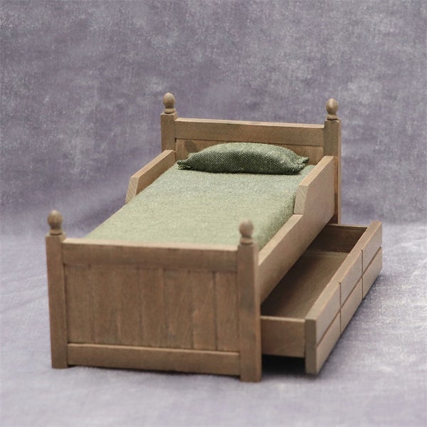 AirAds Dollhouse Furnitures 1/12 Miniatures Furniture Wood Trundle Bed w/ mattress