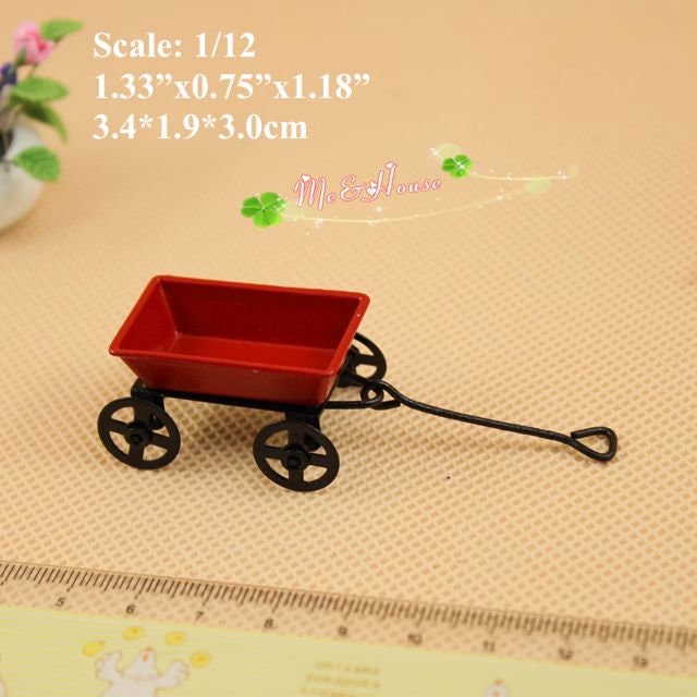 Dollhouse Miniature Outside Toys Red Metal Wagon & Metal w Wood Sled 1:12 scale 