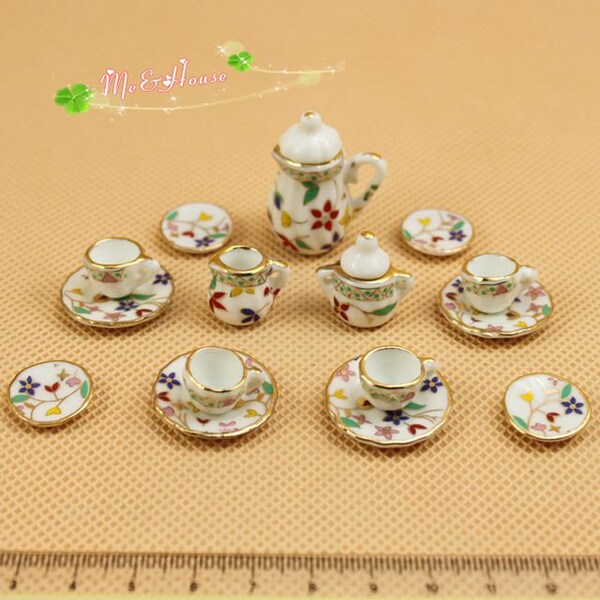 AirAds maison de poupée maison de poupée miniatures à l'échelle 1/12 service thé/café pot tasse maison de poupée porcelaine fleurs ensemble