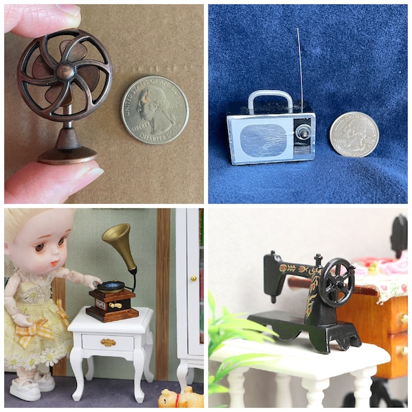 AirAds (Lot 4) 1:12 scale Dollhouse Miniatures accessories dolls house decorations dummy electric fan phonograph sewing machine antenna TV
