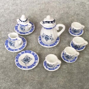 AirAds Dollhouse Porcelain 1/12 Miniatures Tea Coffee Set Pot Cup Blue Flowers