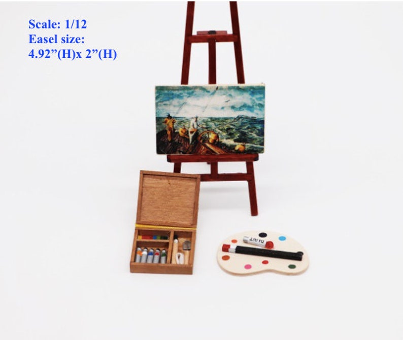 AirAds Dollhouse accessories 1:12 scale dollhouse miniature accessory wooden easel set and art set kids room decoration image 1