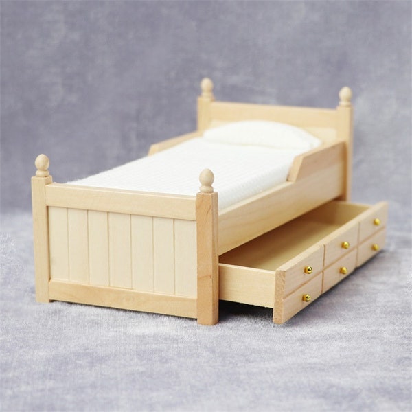 AirAds 1/12 Dollhouse Miniatures Furniture Wood Trundle Bed w/ Mattress