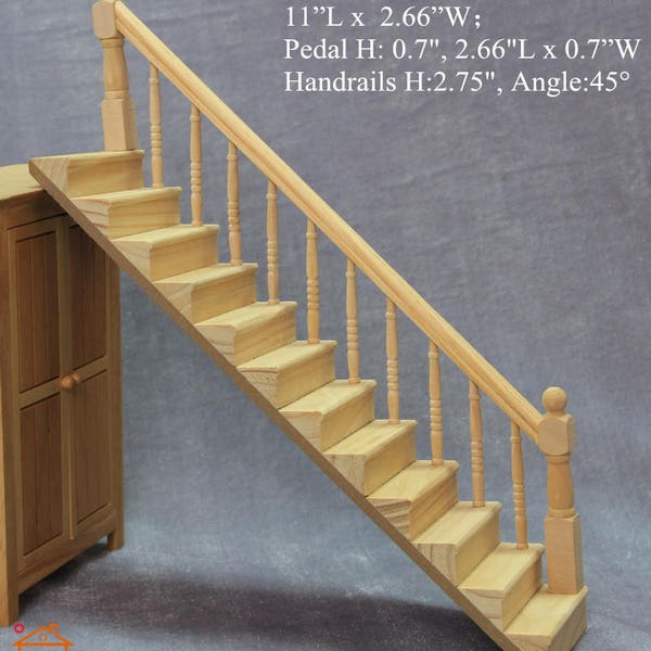 AirAds Dollhouse 1/12 Miniature Escalier en bois non fini Escalier droit; Rampe droite