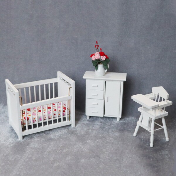 AirAds Dollhouse 1:12 Miniature Baby Bed Crib with Mattress, chest, baby toddler feeding chair Set 3