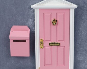 AirAds Dollhouse DIY 1/12 miniature Greek Wood Revival 4 Panel Front Door w / Mailbox Pink