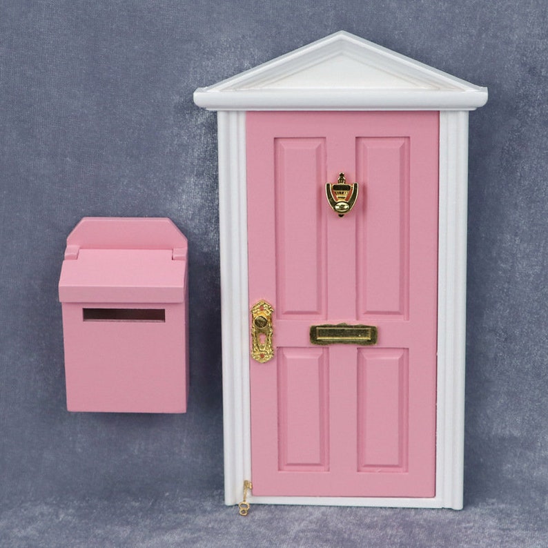 AirAds Dollhouse DIY 1/12 miniature Greek Wood Revival 4 Panel Front Door w/ Mailbox Pink image 1