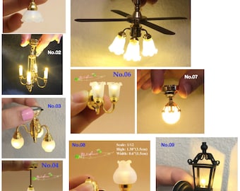 1:12 scale dollhouse Miniature Chandelier Retro Golden Sconce Ceiling Light  switch Battery LED Light